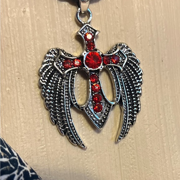 411-ATT New Red or Black Stainless Steel Angel Wing Cross Sword Pendant Necklace - Picture 4 of 9